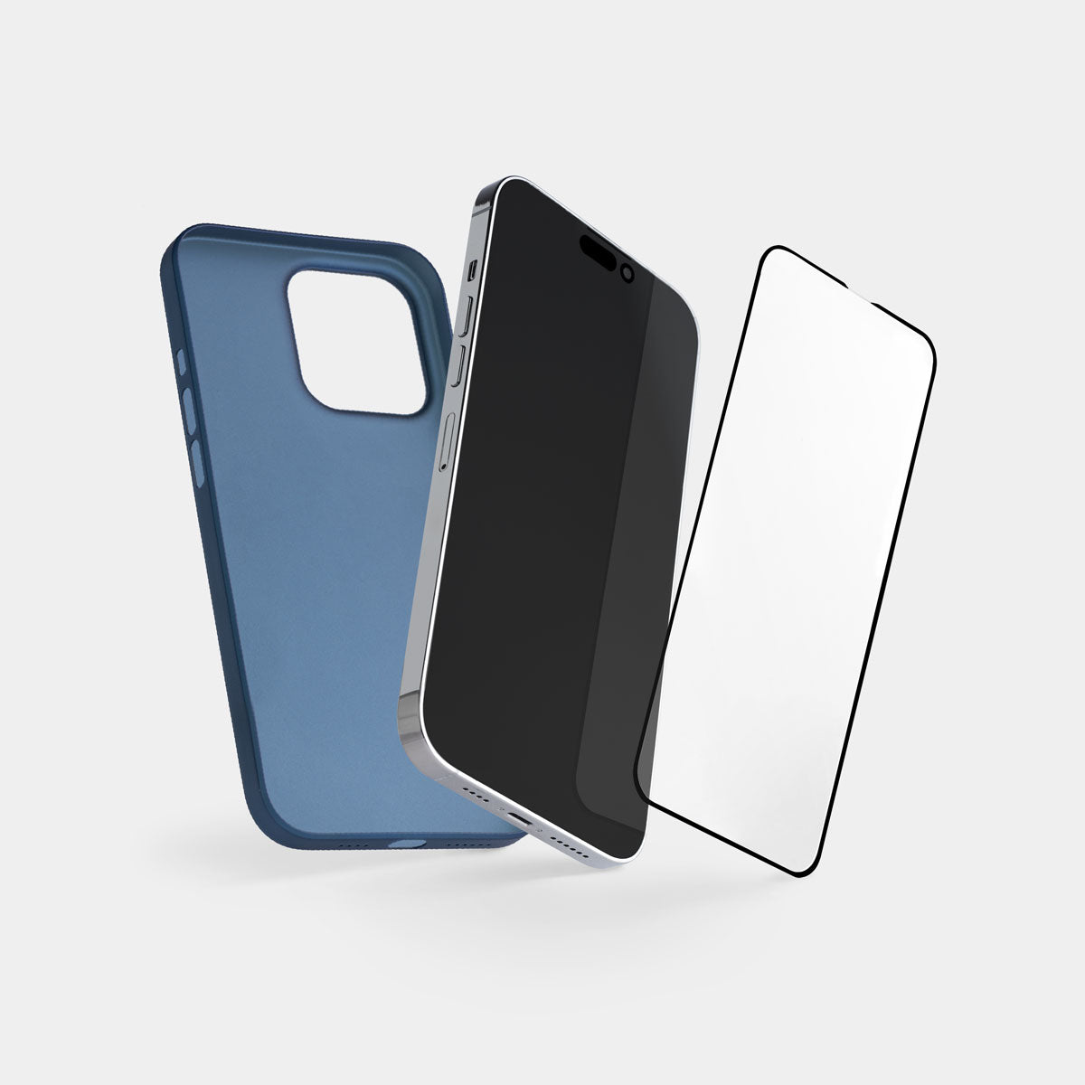 an iPhone between a case and an iPhone 15 Pro Max screen protector