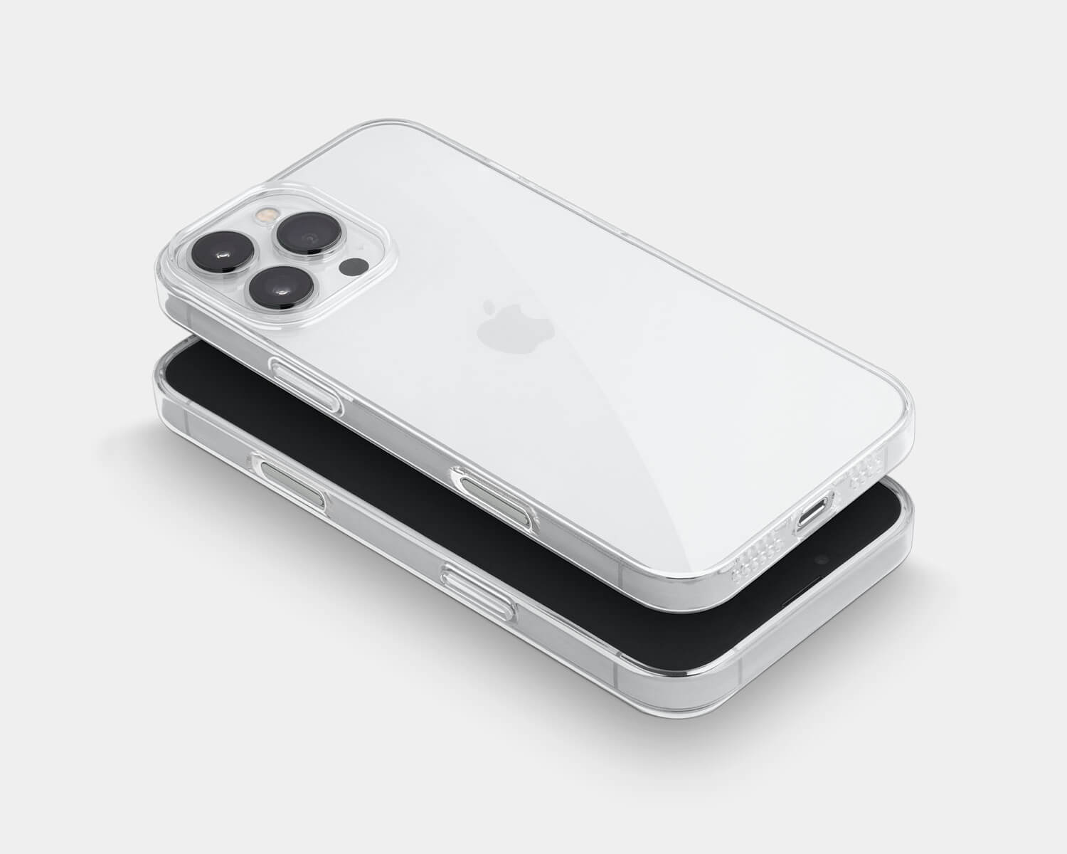 two clear iphone 16 pro max cass hovering in air with the capture button visible